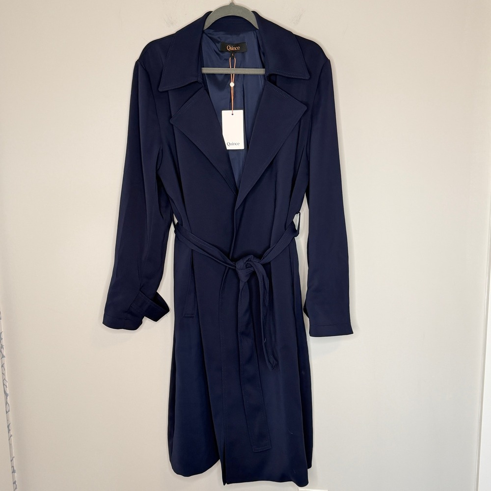 Quince Womens Stretch Crepe Trench Coat Navy Blue Belted Jacket Large NWT